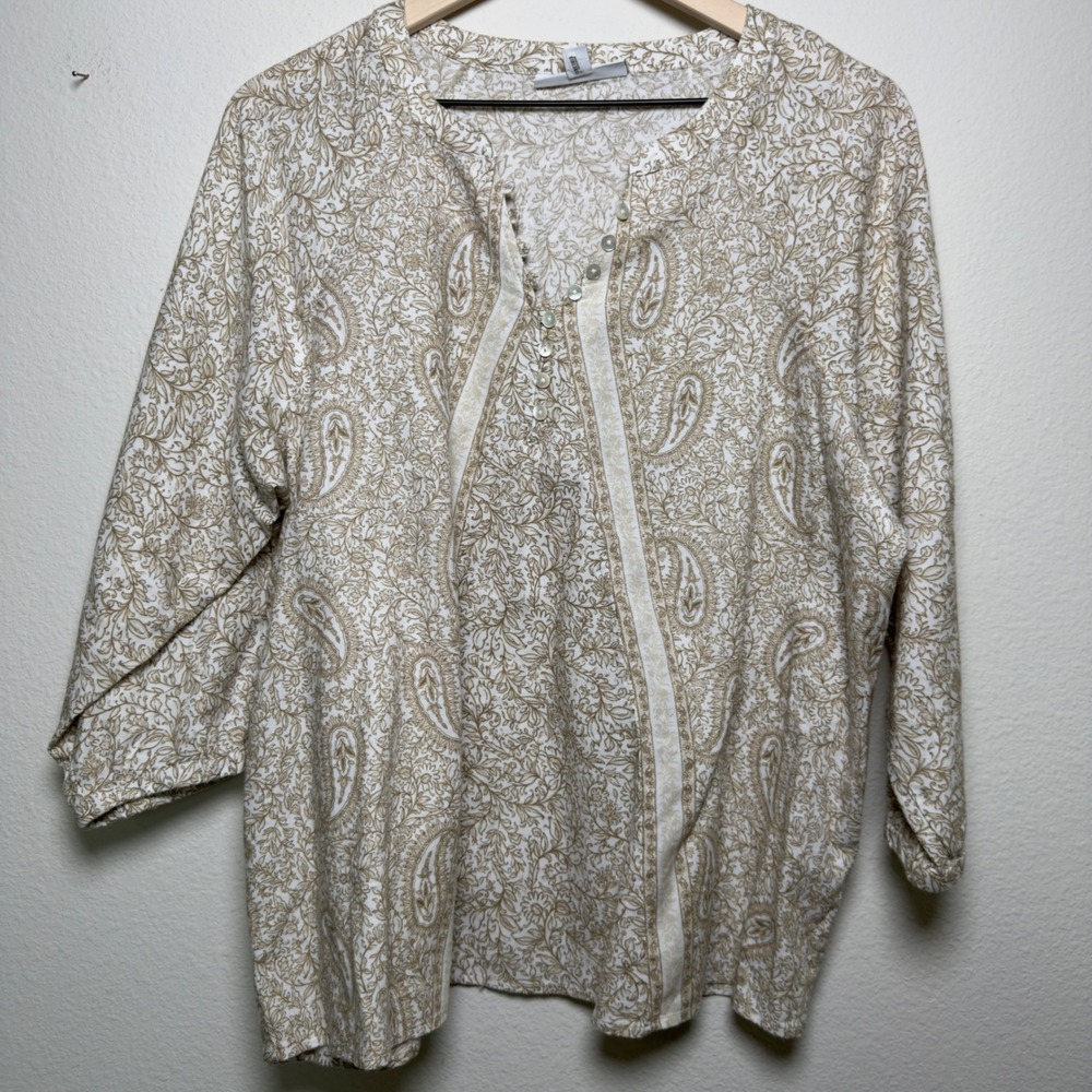 Pure Jill Women Organic Cotton Top Medium Tan Paisley Henley Floral Sleeve Boho‎